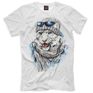 NWOT 24” PTP Snow Leopard Cat Graphic Cotton T-Shirt, White/Blue, Size 2XL.